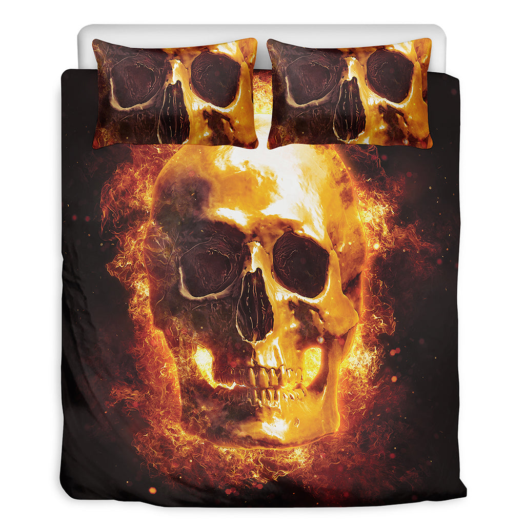 Skull In Flames Print Duvet Cover Bedding Set