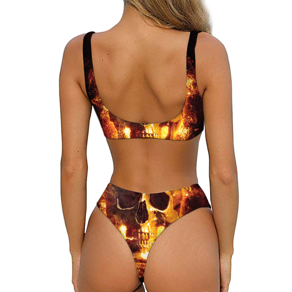 Skull In Flames Print Front Bow Tie Bikini
