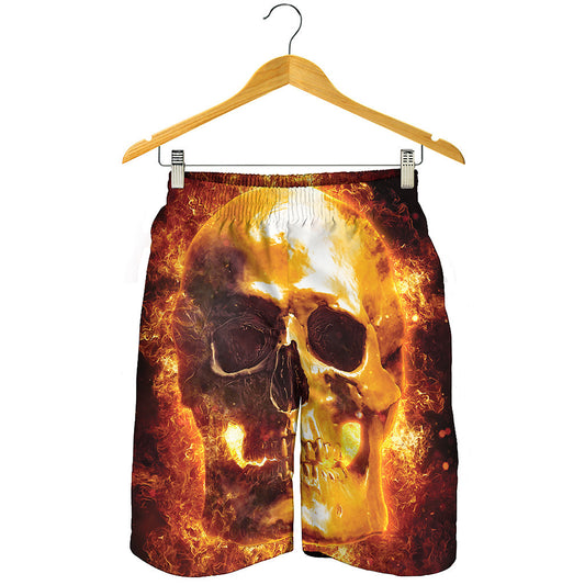 Skull In Flames Print Men's Shorts