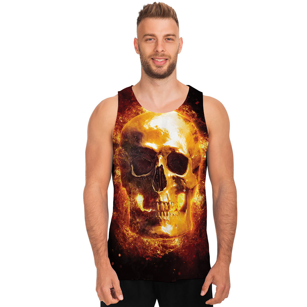 Skull In Flames Print Men's Tank Top