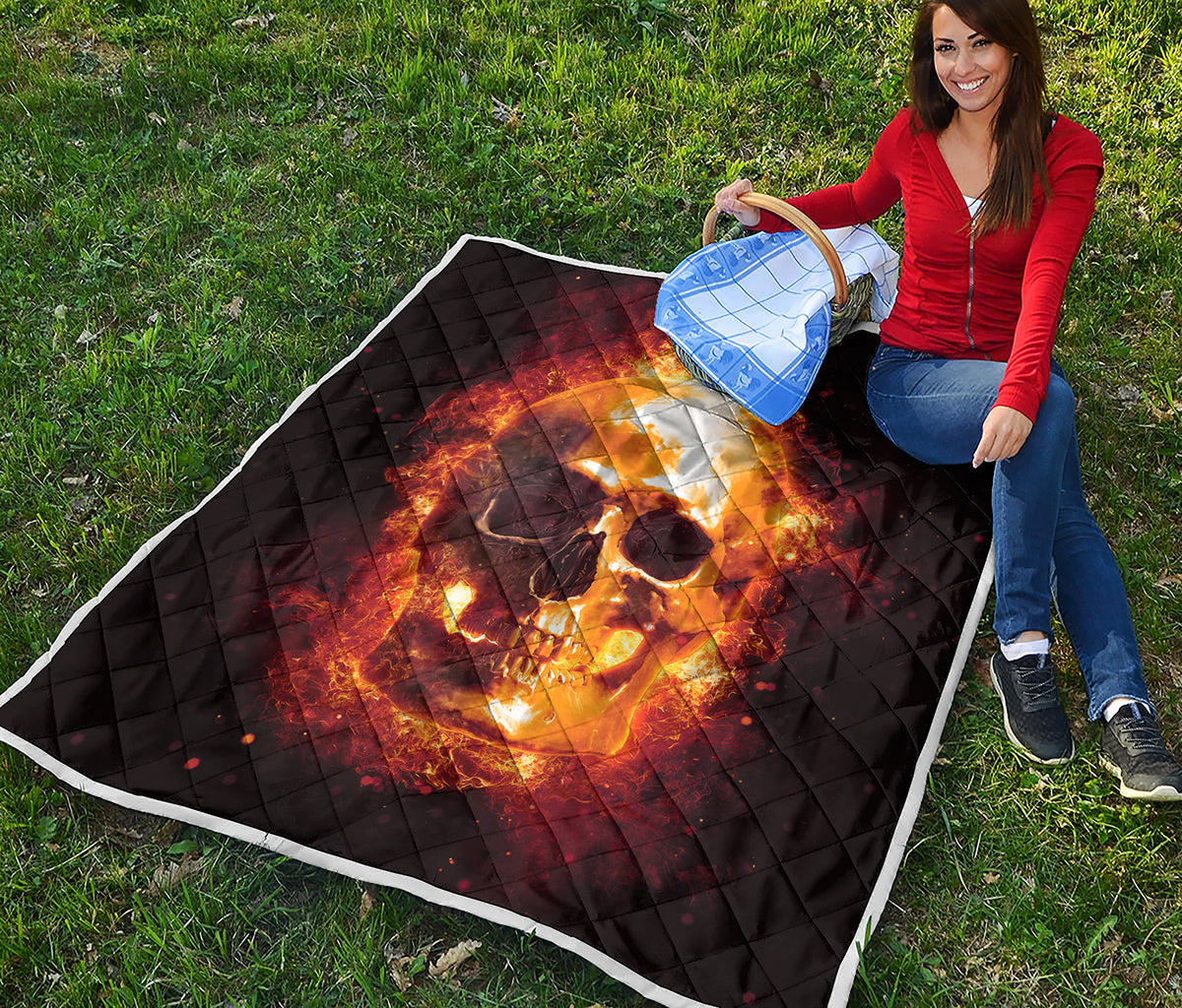 Skull In Flames Print Quilt