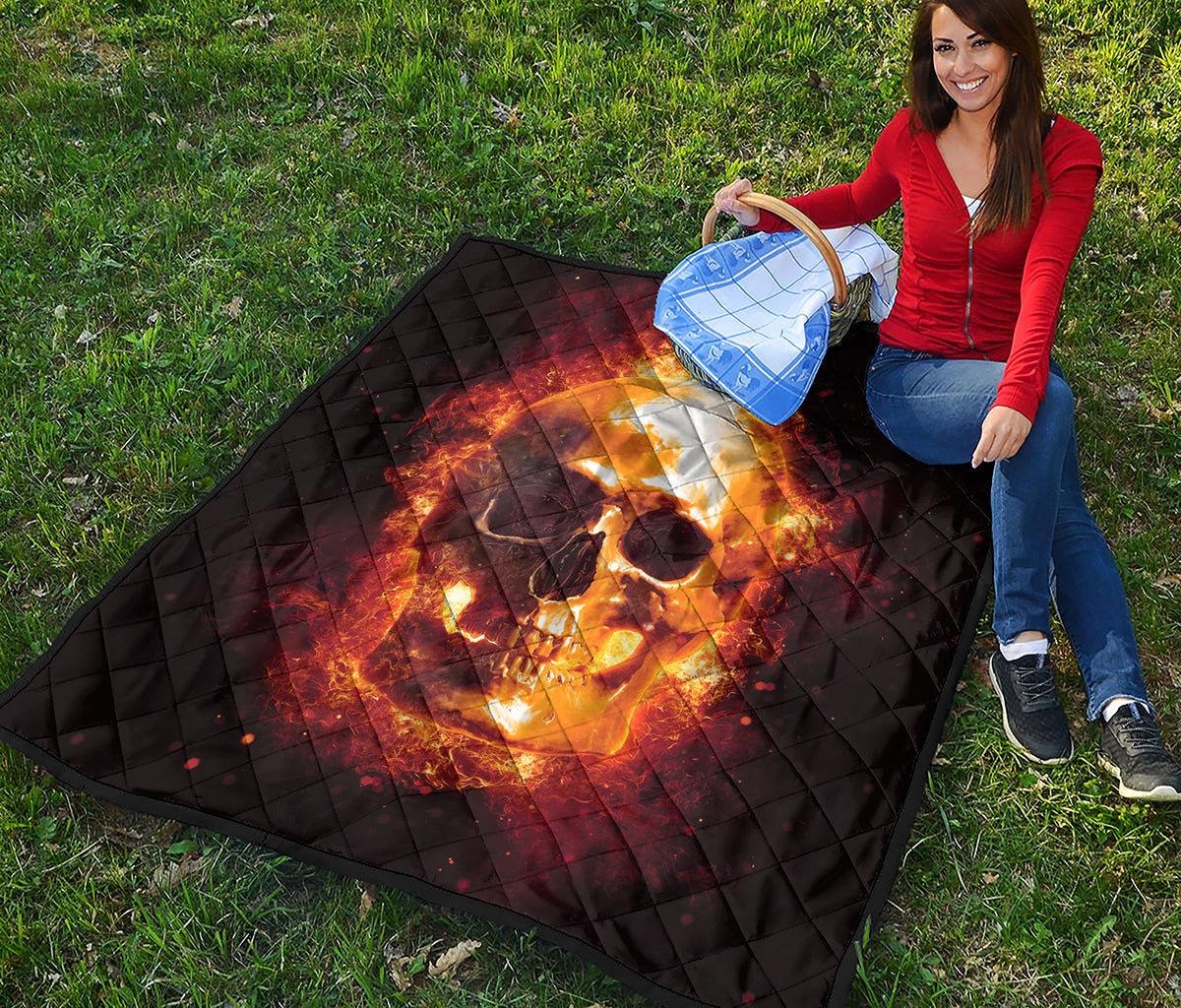 Skull In Flames Print Quilt