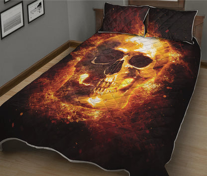 Skull In Flames Print Quilt Bed Set