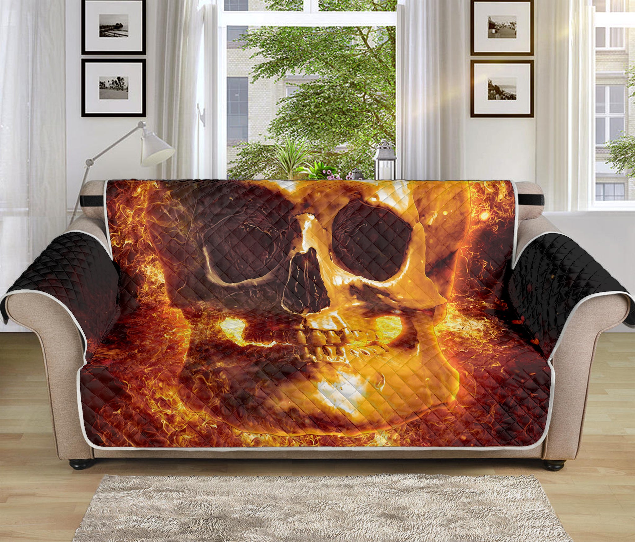 Skull In Flames Print Sofa Protector