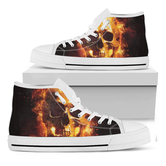 Skull In Flames Print White High Top Shoes