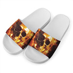 Skull In Flames Print White Slide Sandals