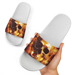 Skull In Flames Print White Slide Sandals