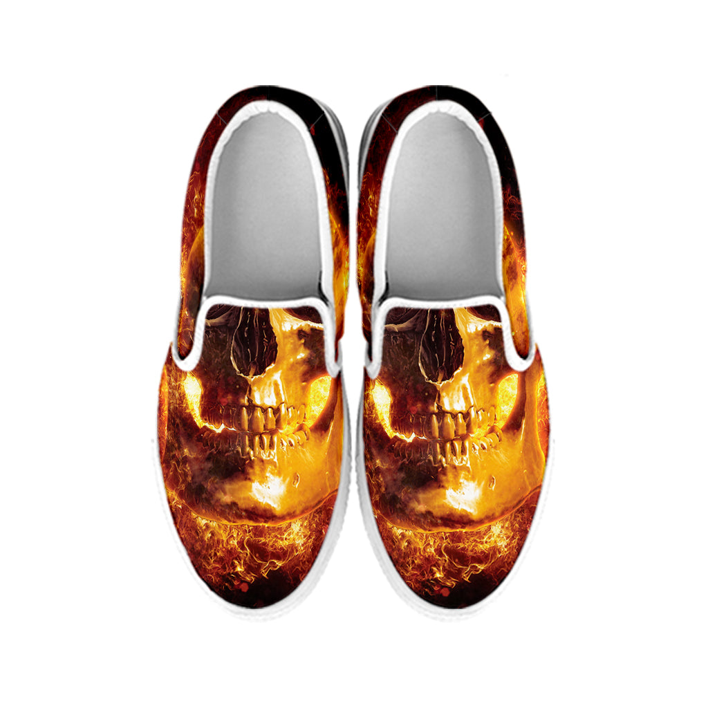 Skull In Flames Print White Slip On Shoes