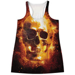 Skull In Flames Print Women's Racerback Tank Top