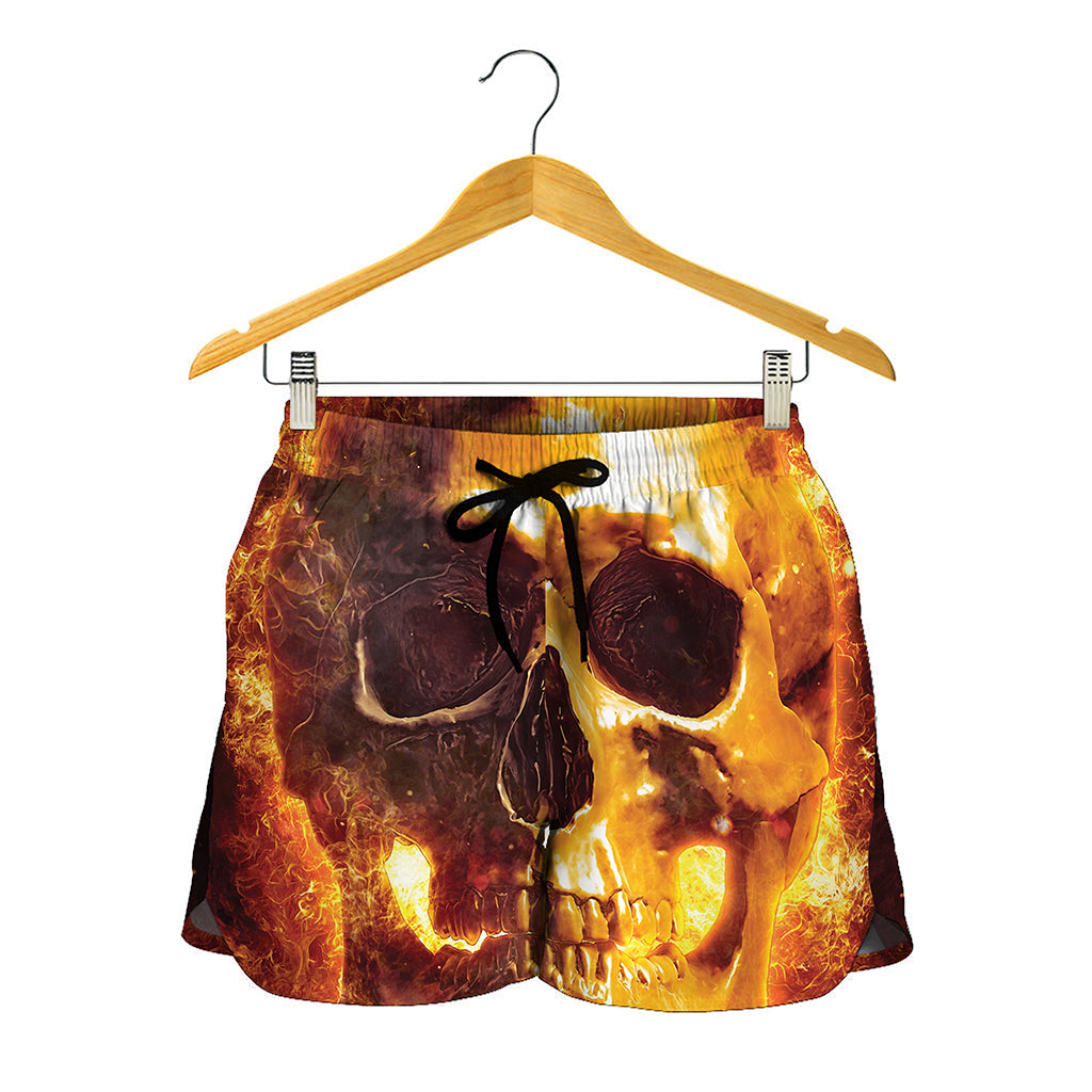 Skull In Flames Print Women's Shorts