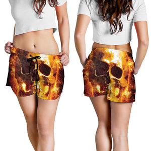 Skull In Flames Print Women's Shorts