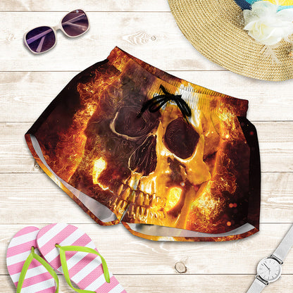 Skull In Flames Print Women's Shorts