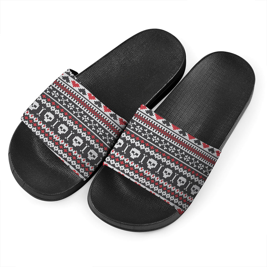 Skull Knitted Pattern Print Black Slide Sandals