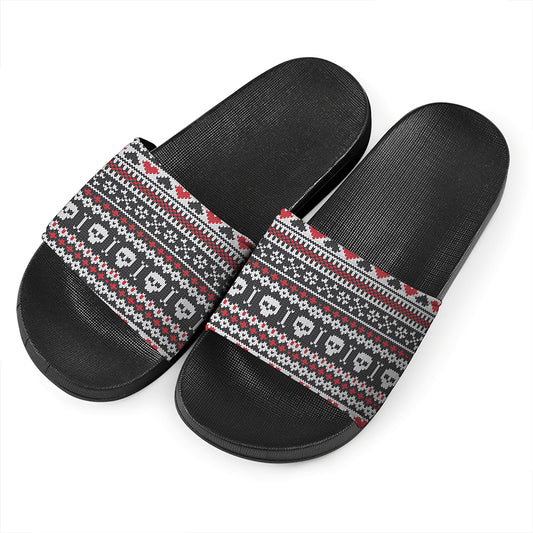 Skull Knitted Pattern Print Black Slide Sandals