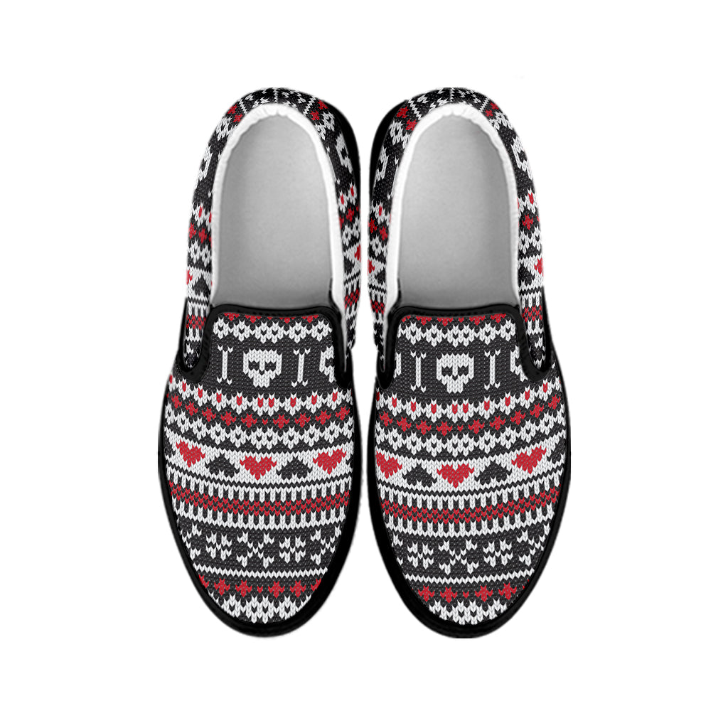 Skull Knitted Pattern Print Black Slip On Shoes
