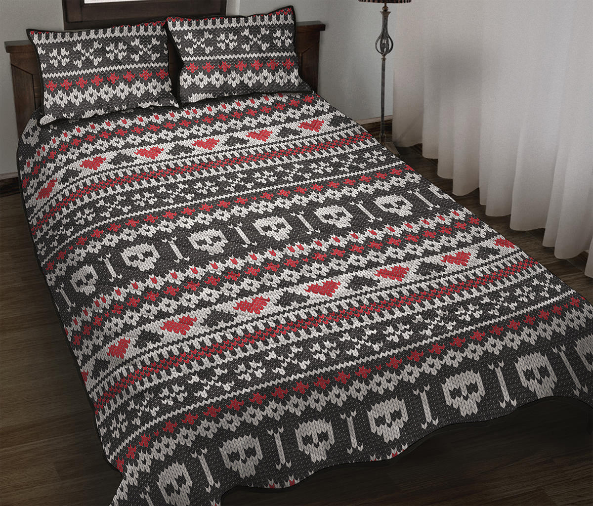 Skull Knitted Pattern Print Quilt Bed Set