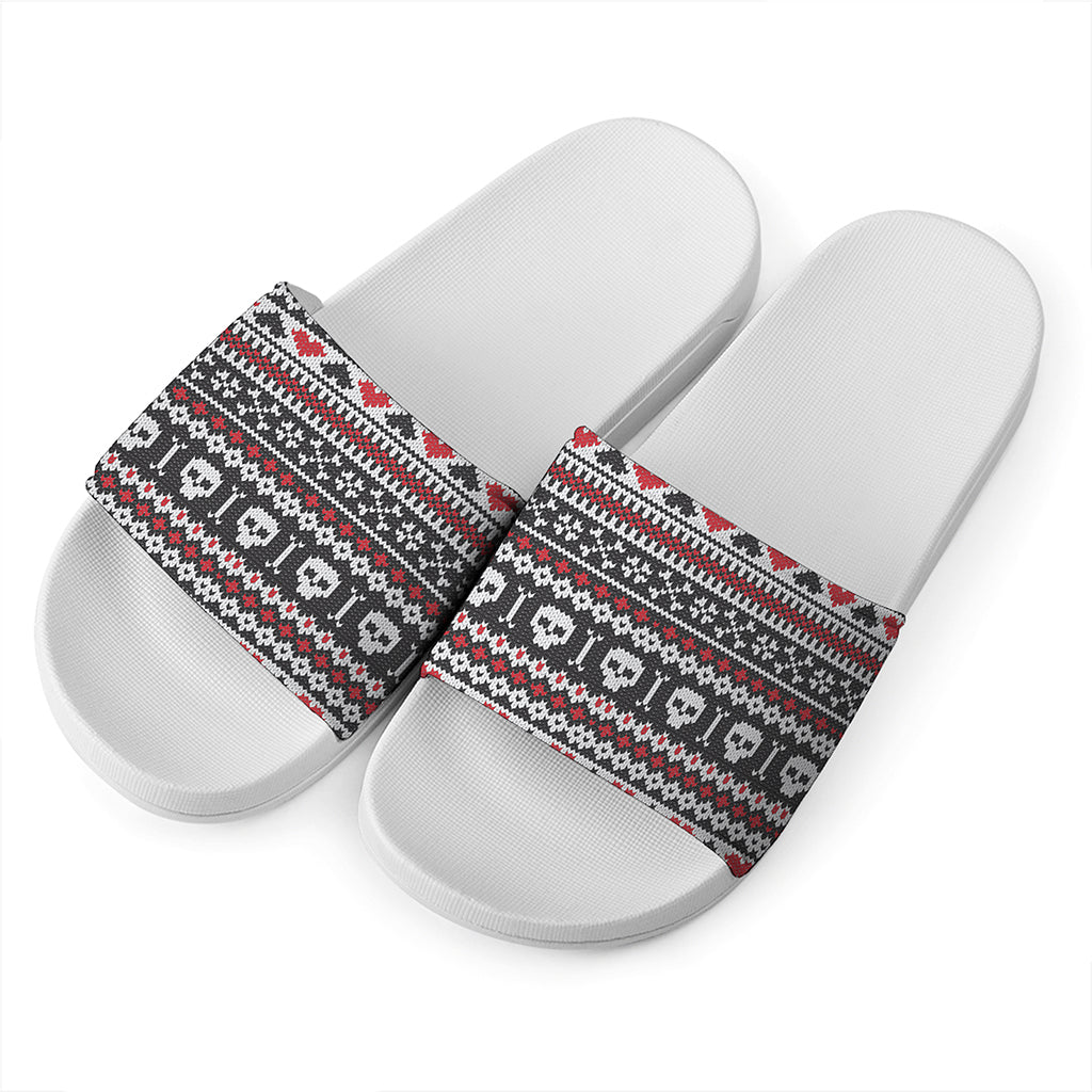Skull Knitted Pattern Print White Slide Sandals