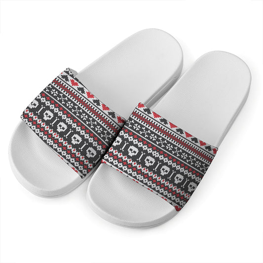 Skull Knitted Pattern Print White Slide Sandals
