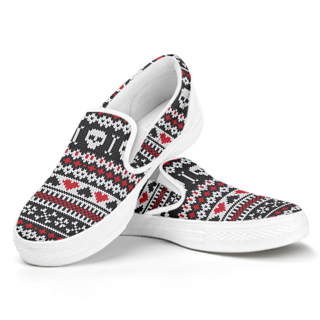 Skull Knitted Pattern Print White Slip On Shoes