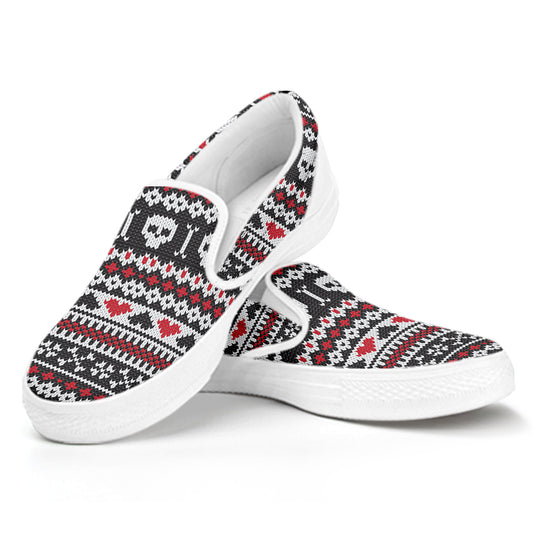 Skull Knitted Pattern Print White Slip On Shoes