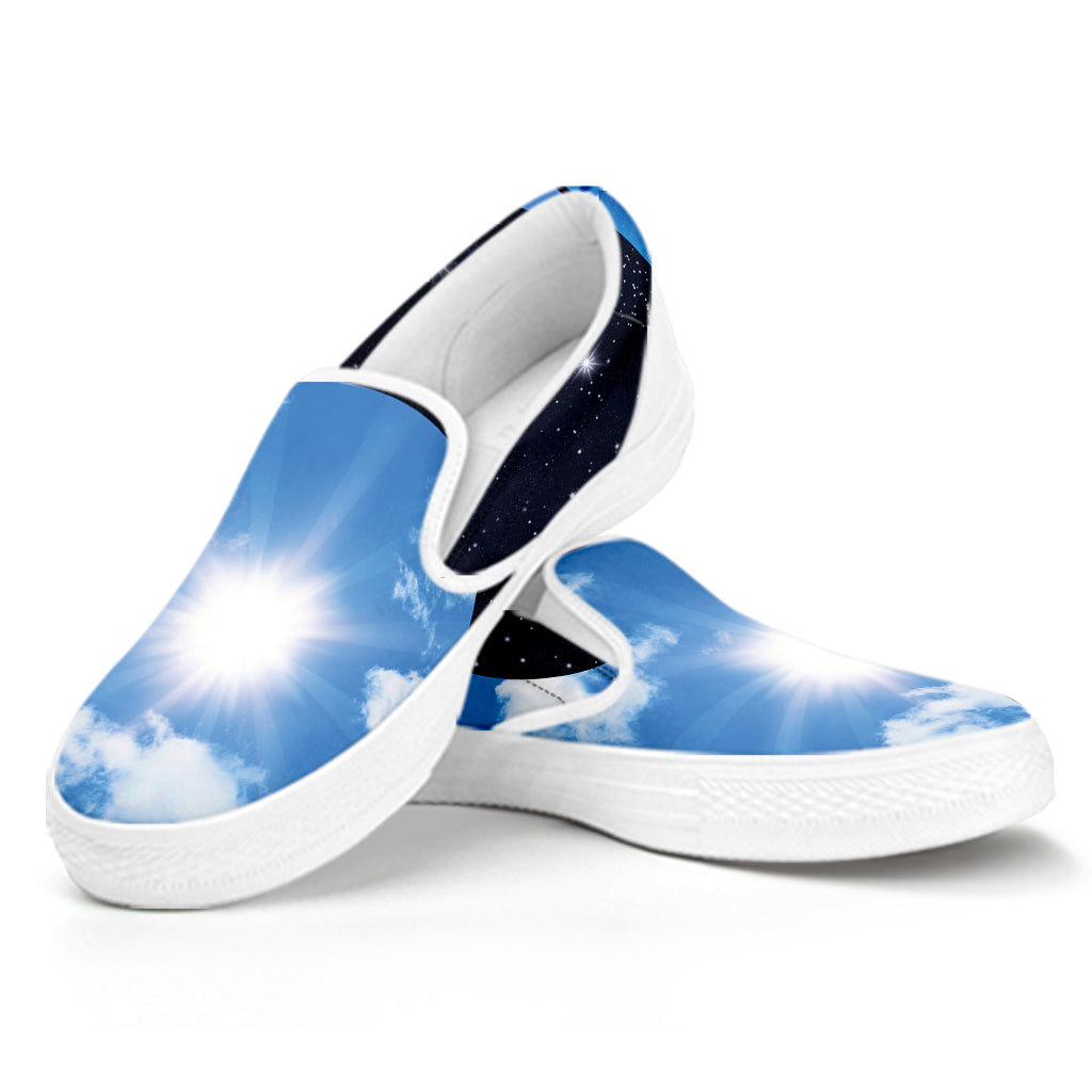 Sky And Space Yin Yang Print White Slip On Shoes