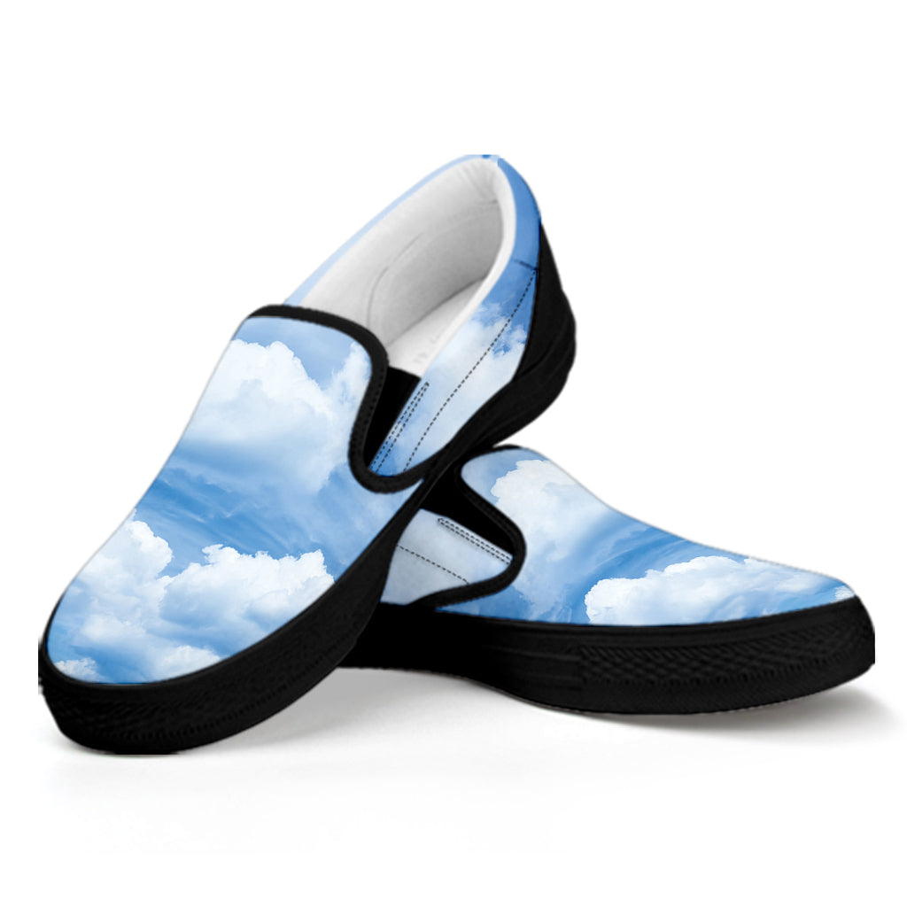 Sky Cloud Print Black Slip On Shoes