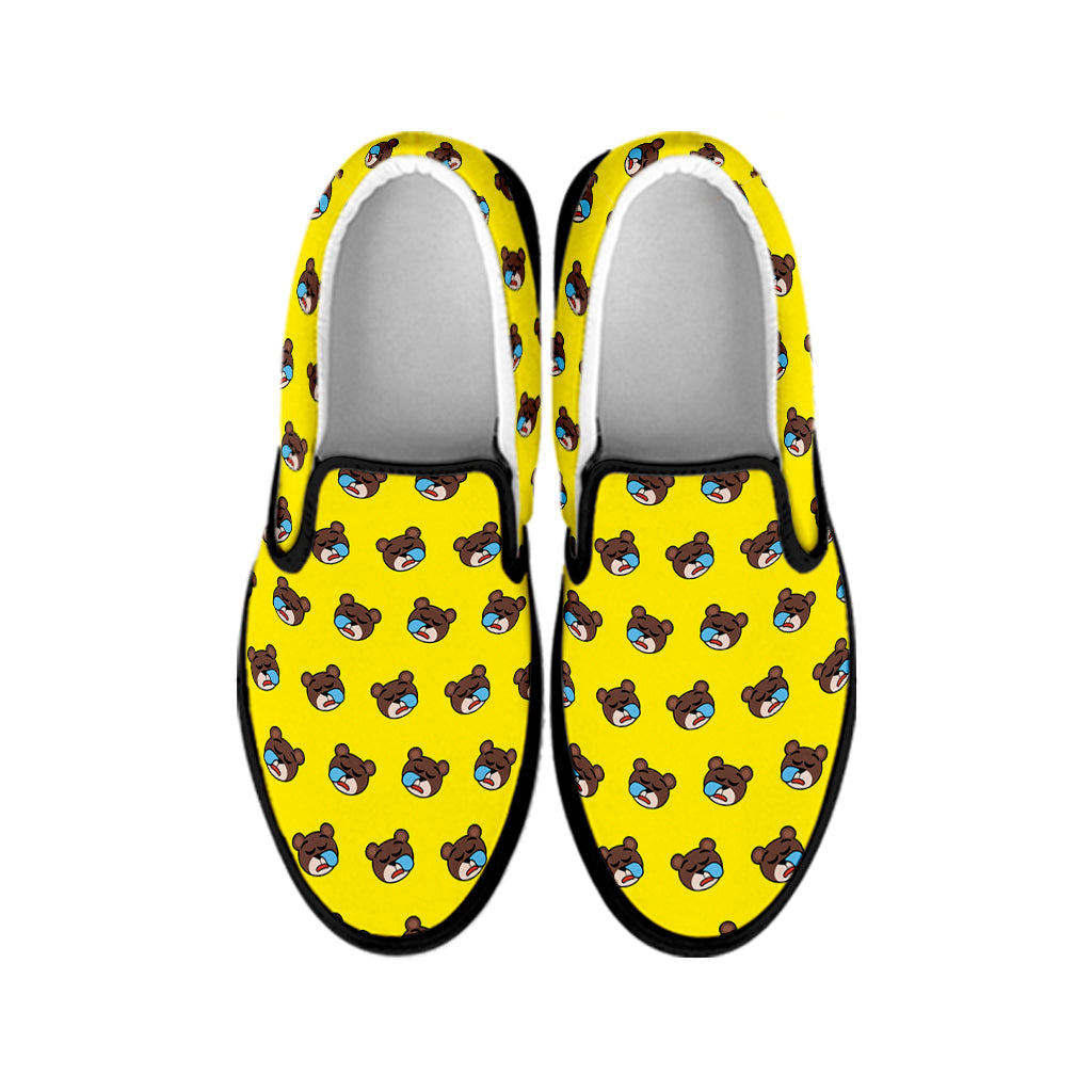 Sleeping Bear Emoji Pattern Print Black Slip On Shoes