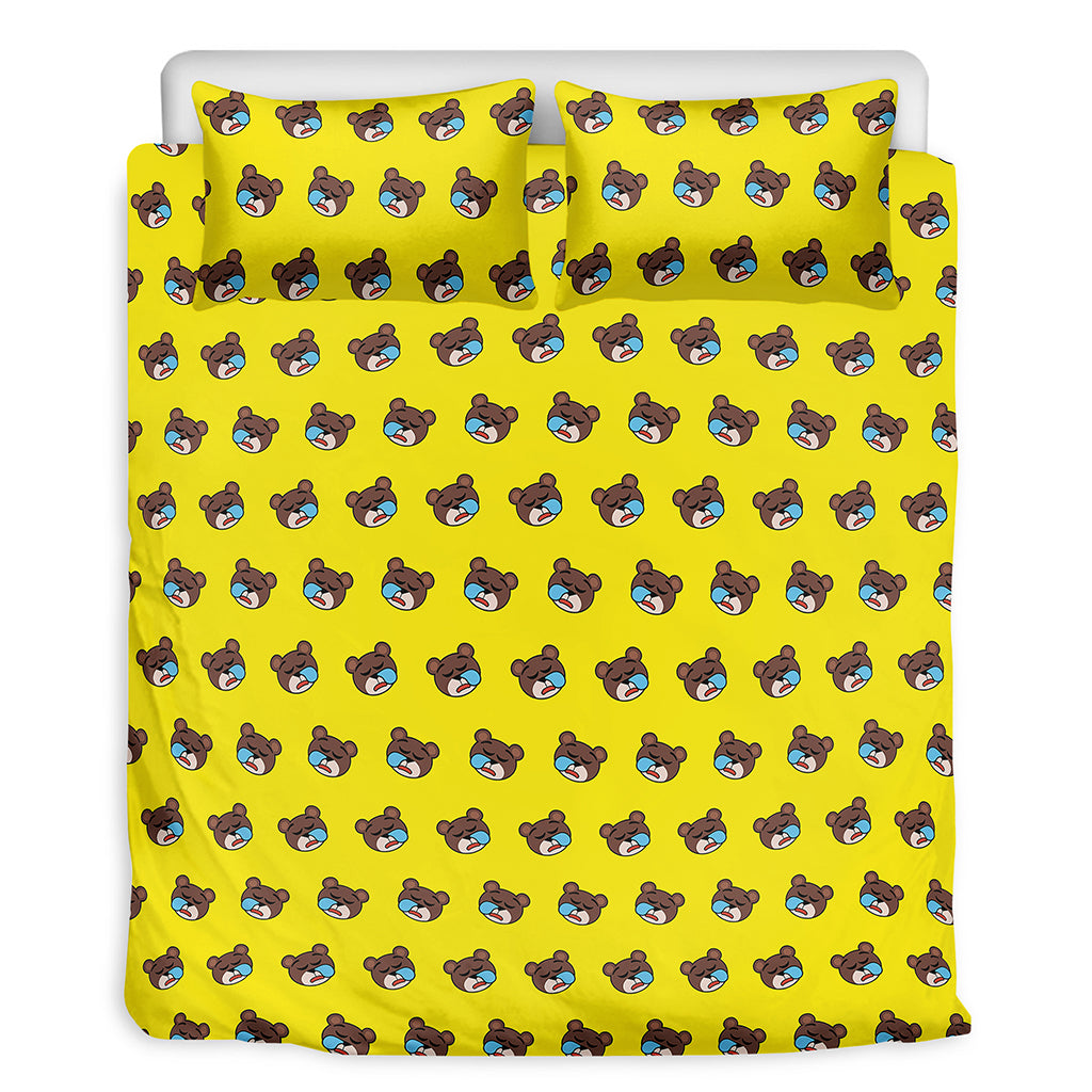 Sleeping Bear Emoji Pattern Print Duvet Cover Bedding Set