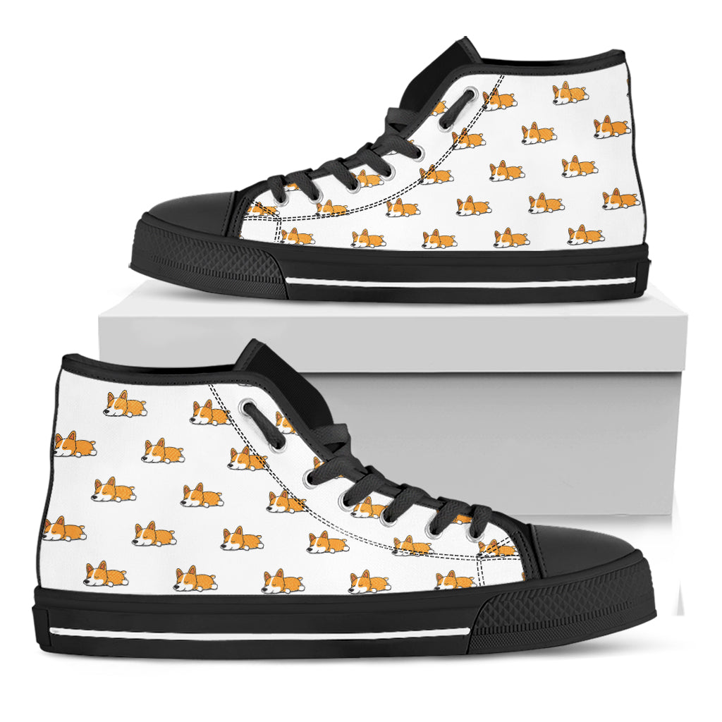 Sleeping Corgi Pattern Print Black High Top Shoes