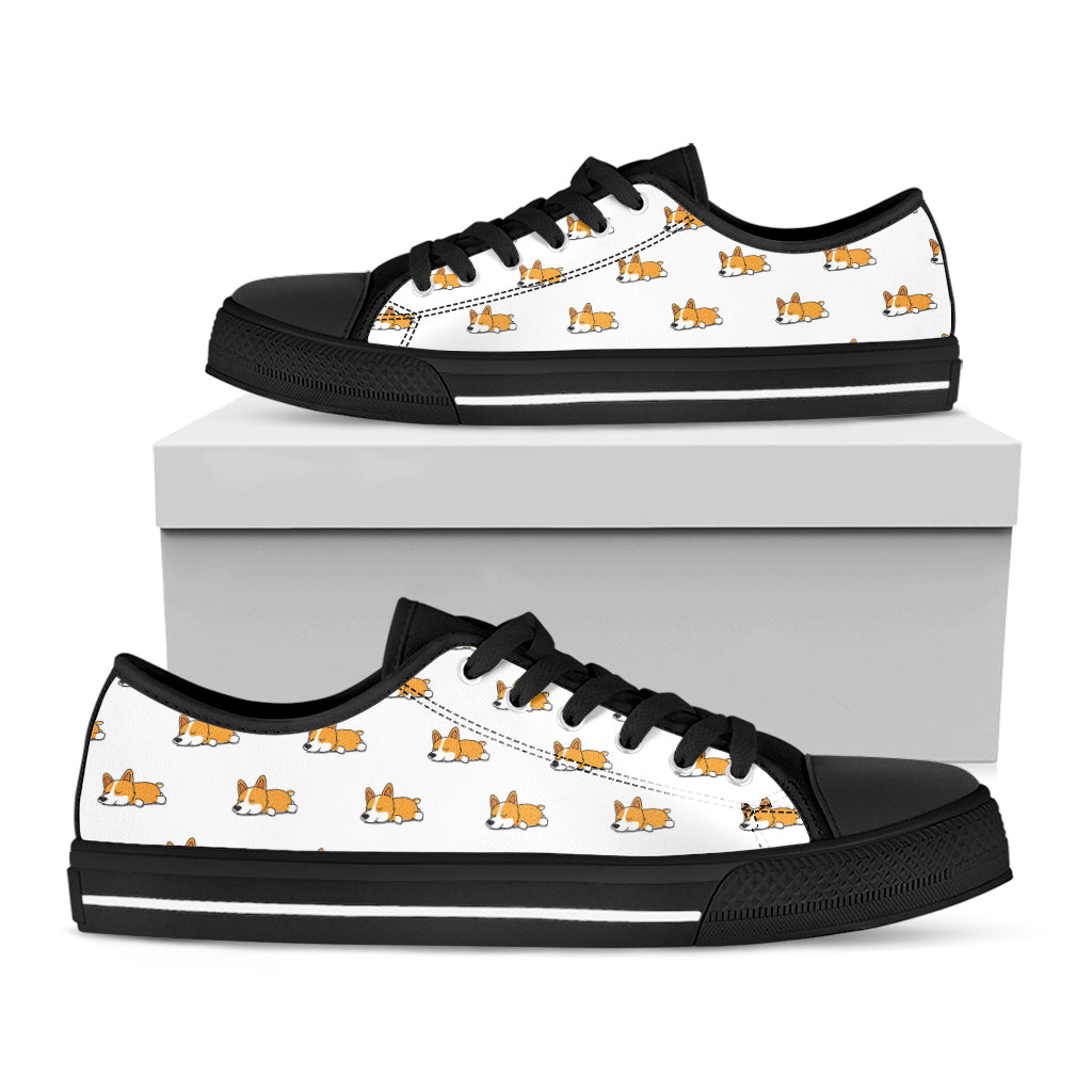 Sleeping Corgi Pattern Print Black Low Top Shoes