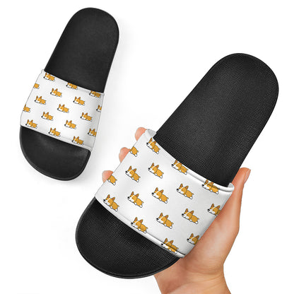 Sleeping Corgi Pattern Print Black Slide Sandals