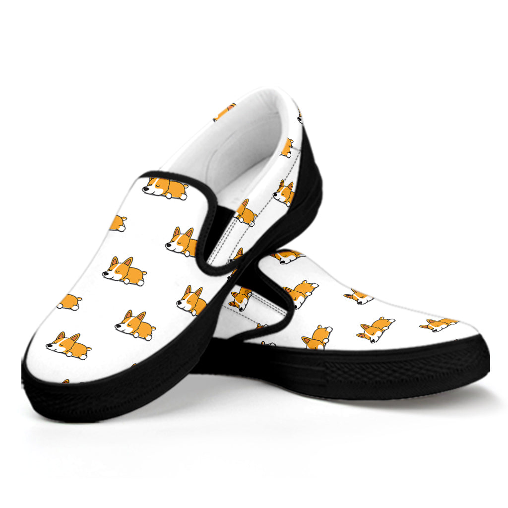 Sleeping Corgi Pattern Print Black Slip On Shoes