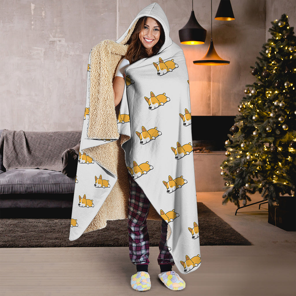 Sleeping Corgi Pattern Print Hooded Blanket