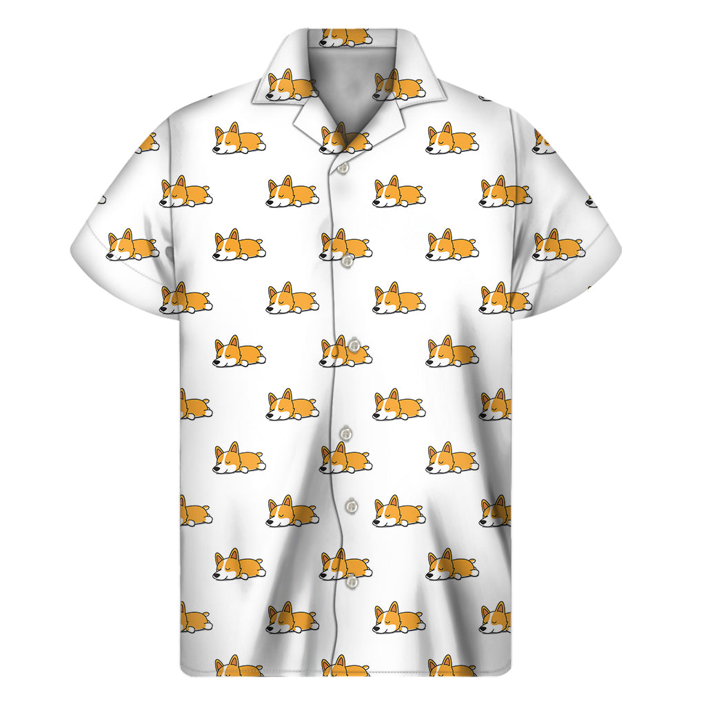 Sleeping Corgi Pattern Print Men's Short Sleeve Shirt