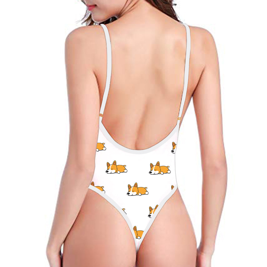 Sleeping Corgi Pattern Print One Piece High Cut Swimsuit