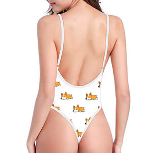 Sleeping Corgi Pattern Print One Piece High Cut Swimsuit