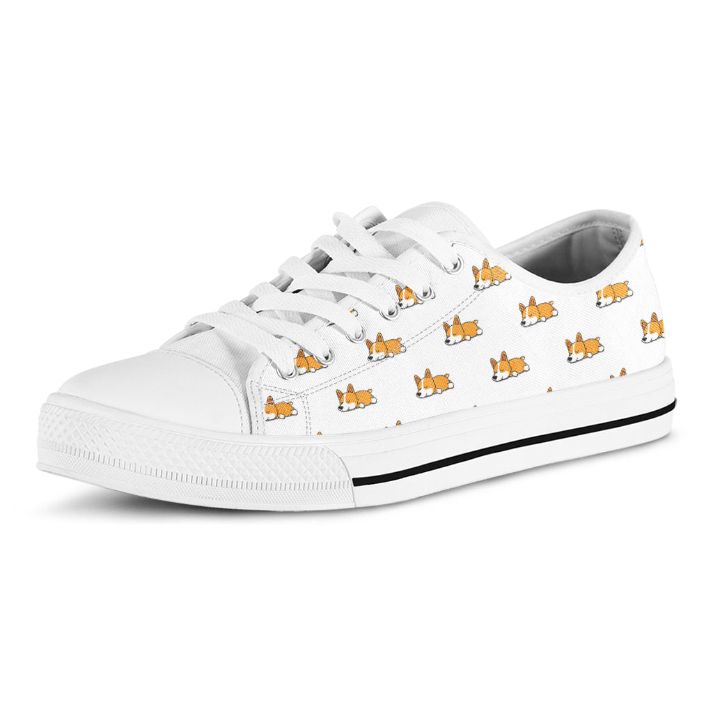 Sleeping Corgi Pattern Print White Low Top Shoes