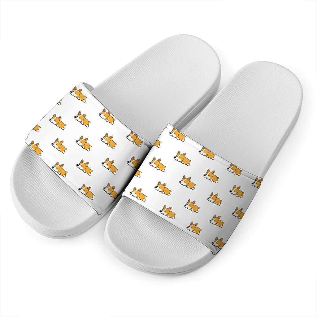 Sleeping Corgi Pattern Print White Slide Sandals