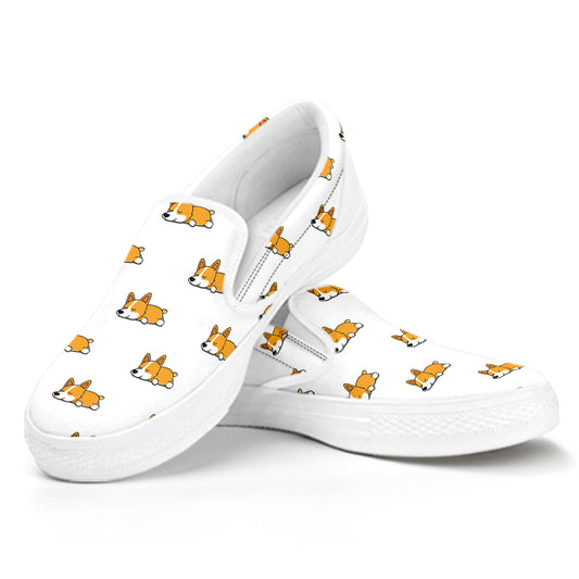 Sleeping Corgi Pattern Print White Slip On Shoes