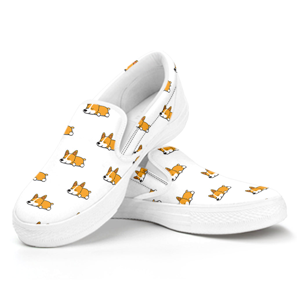 Sleeping Corgi Pattern Print White Slip On Shoes