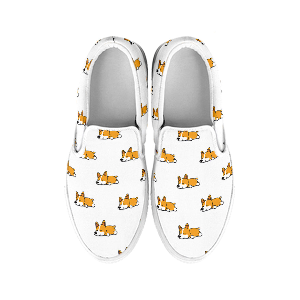 Sleeping Corgi Pattern Print White Slip On Shoes