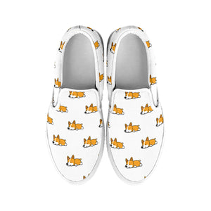 Sleeping Corgi Pattern Print White Slip On Shoes