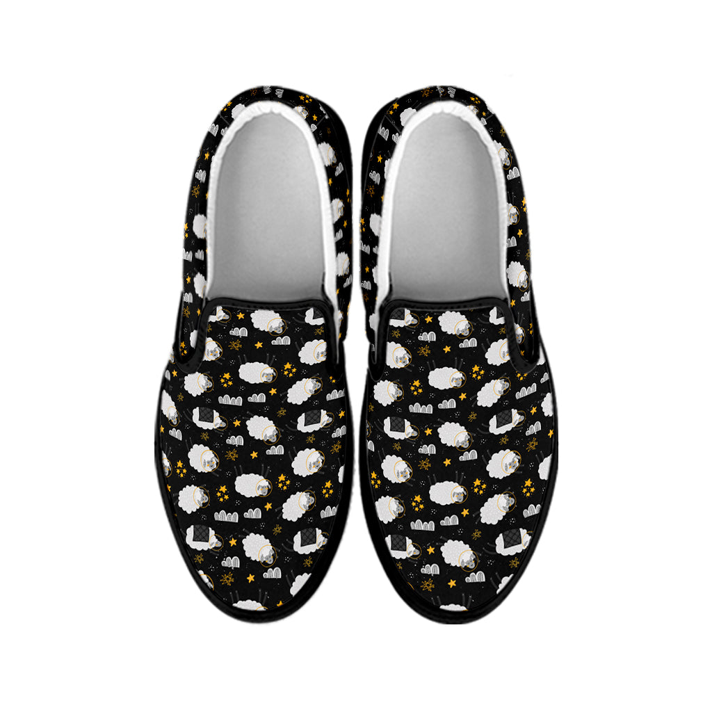 Sleeping Sheep Pattern Print Black Slip On Shoes