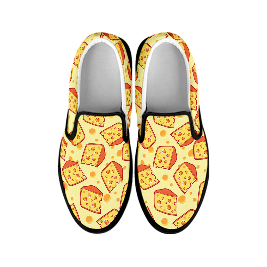 Slice Of Cheese Pattern Print Black Slip On Shoes