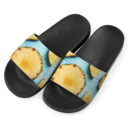Sliced Pineapple Print Black Slide Sandals