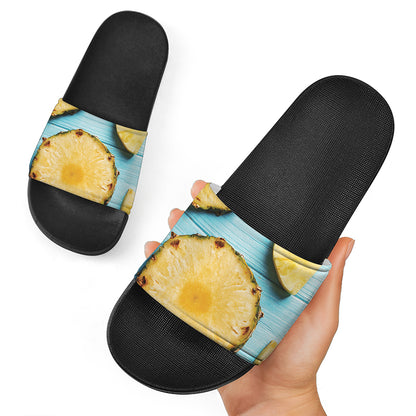Sliced Pineapple Print Black Slide Sandals