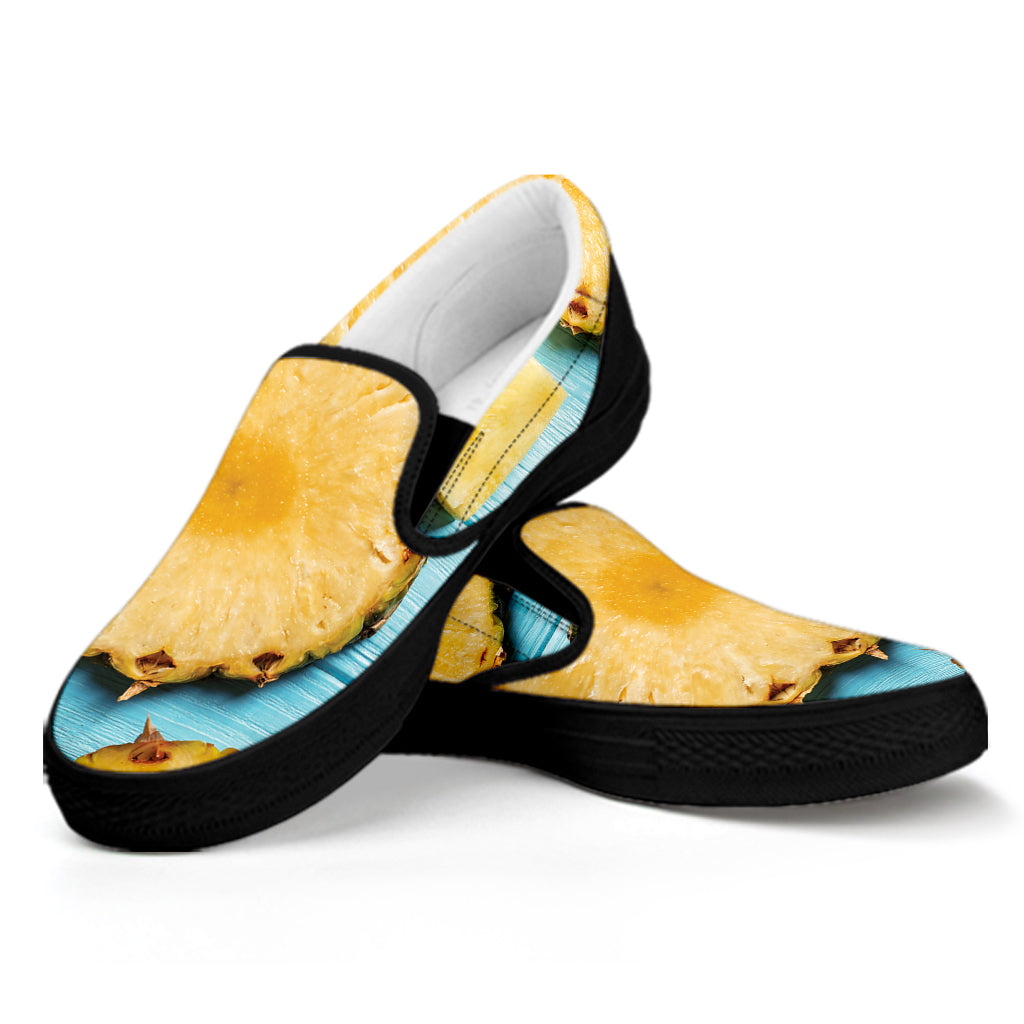 Sliced Pineapple Print Black Slip On Shoes