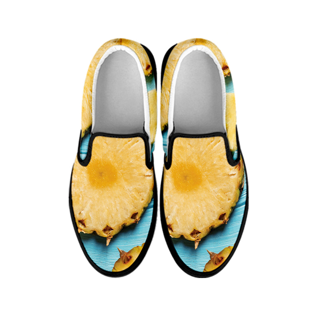 Sliced Pineapple Print Black Slip On Shoes