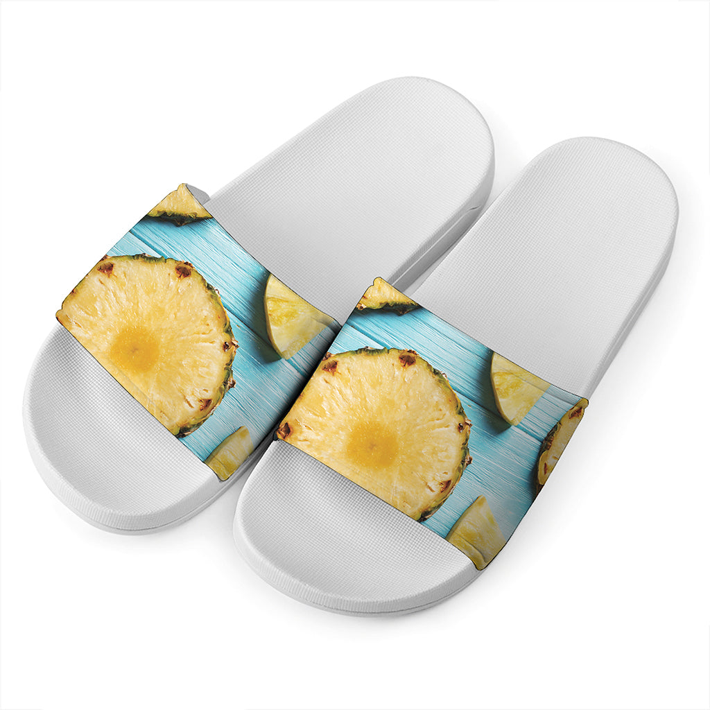 Sliced Pineapple Print White Slide Sandals