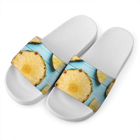 Sliced Pineapple Print White Slide Sandals